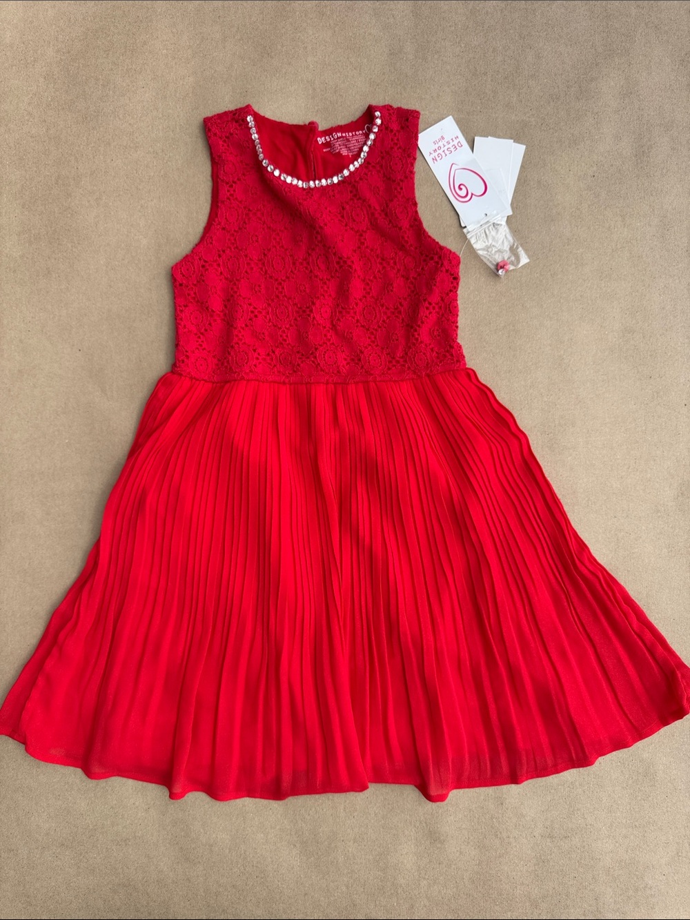 Design History Red Lace Bodice Pleated Party Dress with Beaded Neckline